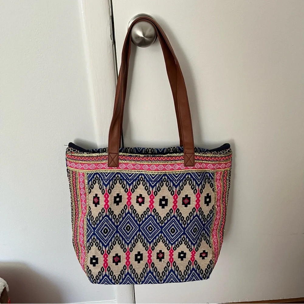 Boho Woven Tote Bag with Brown Handles - Navy, Pink & Cream
